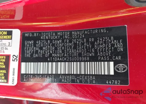 2025 Toyota Camry Se from USA, damaged, VIN 4T1DAACK2SU009968